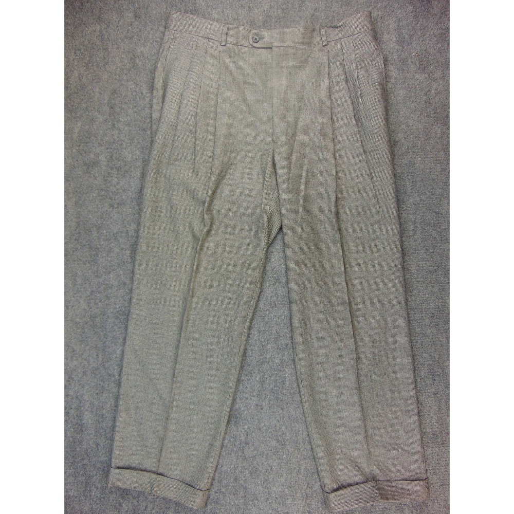 Hickey Freeman Dress Pants Mens 36x30 Pleated Brown Houndstooth Cuffed Trousers
